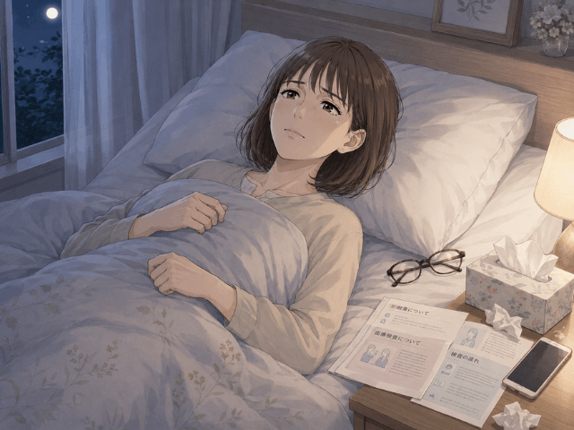 検査結果を待つ夜、不安で眠れずにいる女性