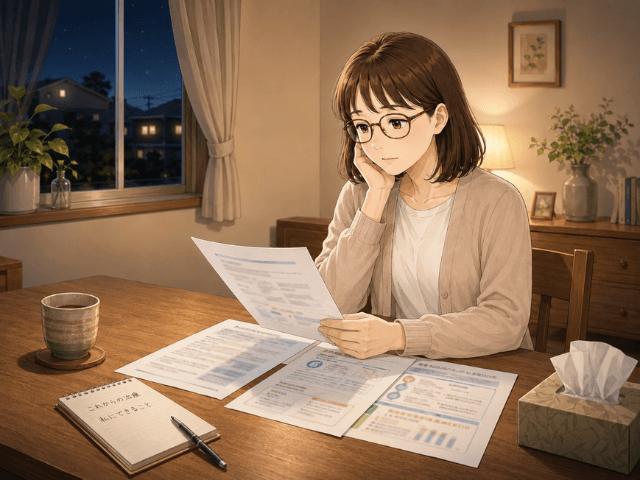 治療前の不安を抱えながら、病院の資料を前に座る女性のイラスト