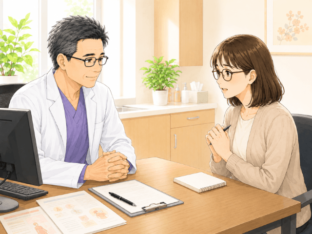 診察室で主治医に「私にできることはありますか？」と質問する女性のイラスト