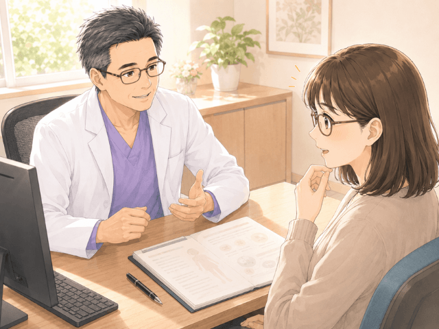 主治医から「作り笑顔でもいいんですよ」と言われ、少し心がゆるむ女性のイラスト