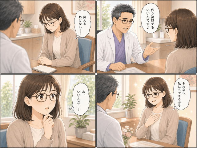診察室で主治医の言葉を聞き、不安でうつむいていた女性が少しずつ表情をやわらげていく4コマ漫画