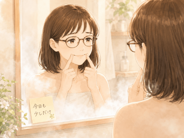 お風呂上がりに鏡を見ながら、そっと口角を上げる女性のイラスト