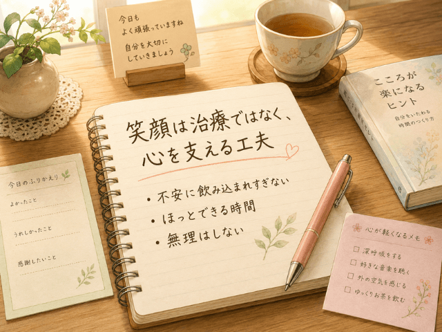 笑顔を治療ではなく心を支える工夫として受け止め、ノートに考え方を整理しているイラスト