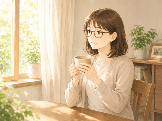 朝の光が差し込む窓辺で、湯のみを両手で持ちながら静かに前を向く女性のイラスト