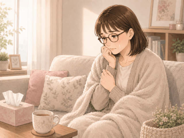 毛布にくるまってソファに座り、涙を流しながら静かに気持ちを抱えている女性のイラスト