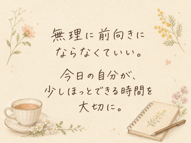 「無理に前向きにならなくていい。今日の自分が、少しほっとできる時間を大切に。」と書かれた、やさしい手書き風のメッセージカード画像