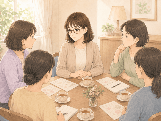 小さな会議室で数人の女性が丸いテーブルを囲み、お茶や資料を前に静かに語り合っているイラスト