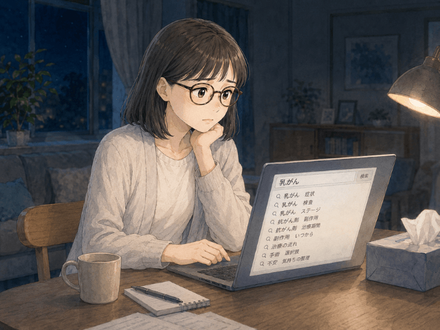 夜の自宅で乳がんについて検索し、不安そうにパソコン画面を見る女性