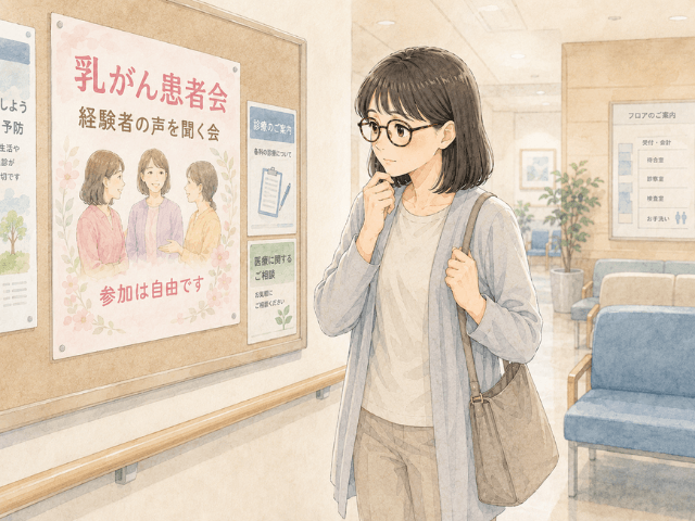 病院の待合室で乳がん患者会のポスターを見つけて立ち止まる女性
