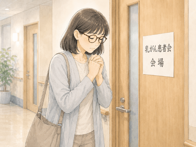 乳がん患者会の会場のドア前で緊張しながら立ち止まる女性