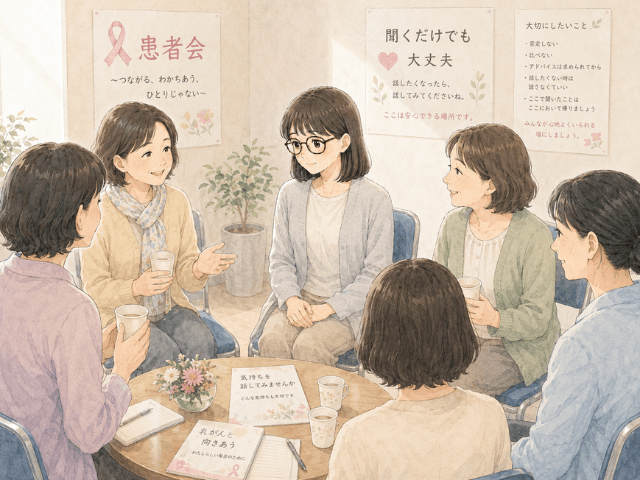 乳がん患者会で参加者がお茶を飲みながら穏やかに話し、女性が静かに聞いている様子