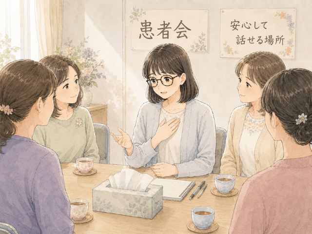 乳がん患者会で治療前の不安を話し、周囲の参加者が静かに聞いている様子
