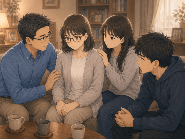 家族4人に囲まれ、リビングで静かに話を聞いてもらっている女性のイラスト