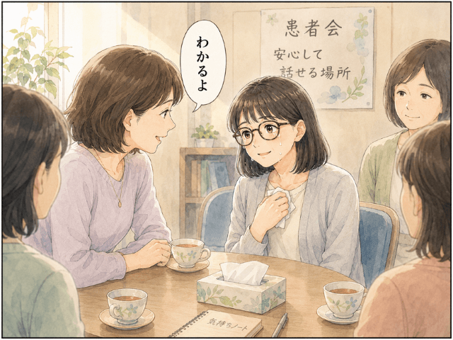 患者会で涙ぐむ女性に、参加者がやさしく寄り添いながら話を聞いているイラスト