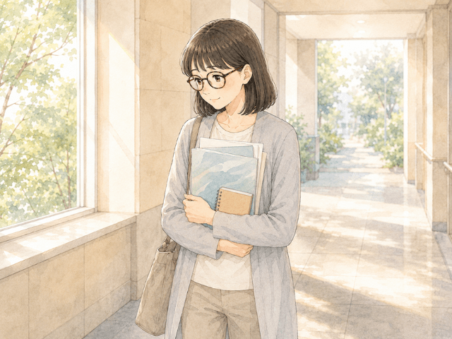 患者会のあと、資料を手に持ちながら少し安心した表情で立つ女性のイラスト
