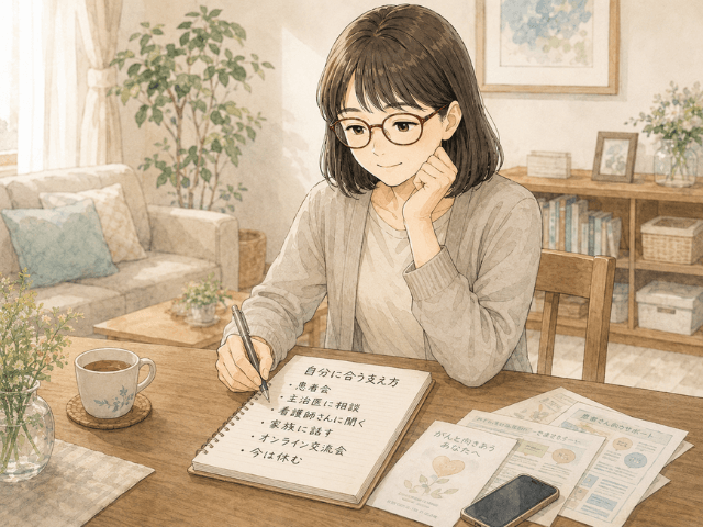 自宅でノートに患者会や主治医への相談など、自分に合う支え方を書き出す女性のイラスト