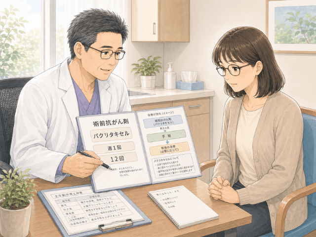 診察室で医師からパクリタキセル治療の説明を受ける女性のイラスト