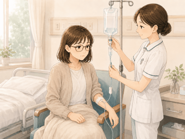 初めてパクリタキセル投与を病室で受ける女性と、点滴を確認する看護師のイラスト