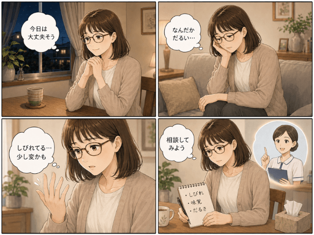 パクリタキセル治療の回数を重ねる中で、副作用の変化に気づいていく女性の4コマ漫画