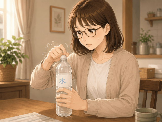 抗がん剤治療中のしびれでペットボトルのふたを開けにくそうにしている女性のイラスト