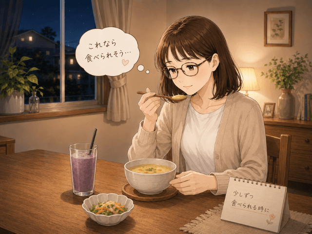 味覚障害で食べにくい時期に、スムージーやスープを少しずつ口にする女性のイラスト