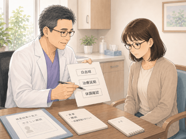 白血球減少により治療延期の説明を受け、落ち込む女性のイラスト