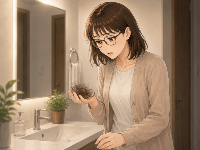 抗がん剤治療による脱毛に気づき、洗面所で涙ぐむ女性のイラスト