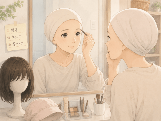 鏡の前でウィッグや帽子、眉メイクを整えて気持ちを守ろうとする女性のイラスト