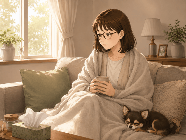 抗がん剤治療中につらい気持ちを抱えながら、ソファで静かに休む女性とチワワのイラスト
