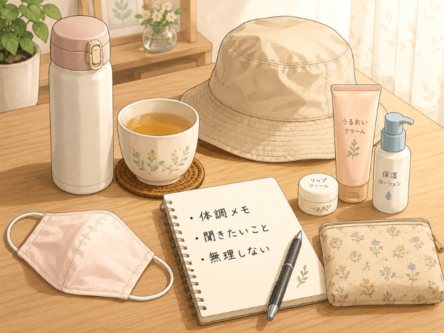 抗がん剤治療中に役立った水筒や体調メモ、帽子などを机に並べたイラスト