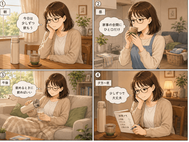抗がん剤治療中の女性が、朝・昼・午後・夕方から夜にかけて、無理のない範囲で少しずつ水分をとる様子を描いた4コマ漫画。