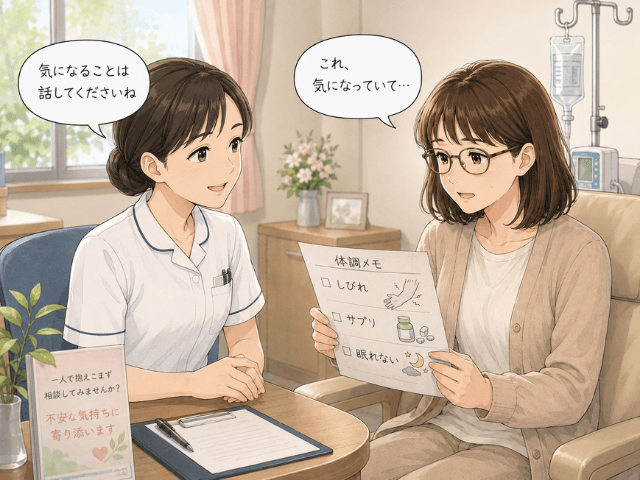 体の変化について書いたメモを手に、病院で看護師に相談しながら気持ちを整えている女性のイラスト