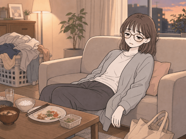 放射線治療の通院後に疲れてソファに座り込む女性と散らかったリビングの漫画風イラスト