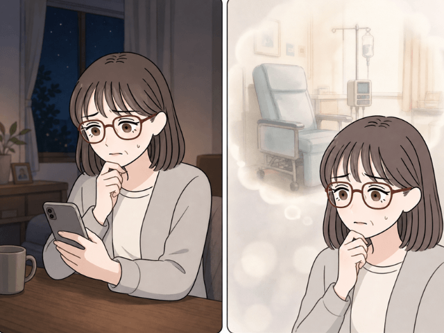 外来抗がん剤治療についてスマホで調べ、不安そうな表情を浮かべる50代女性の2コマ漫画