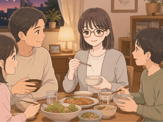 外来での抗がん剤治療を終えて帰宅し、自宅でほっとしながら食卓につく女性の漫画イラスト