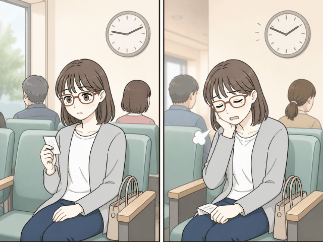 病院の待合室で長時間待ち、疲れた表情を見せる女性の2コマ漫画