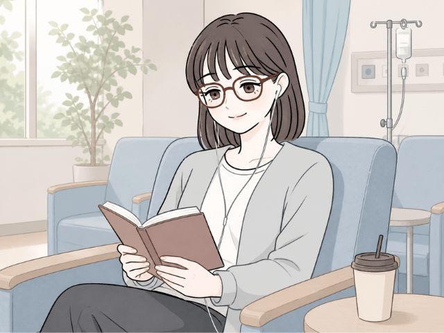 病院で飲み物や本を用意し、待ち時間を過ごす女性の漫画イラスト