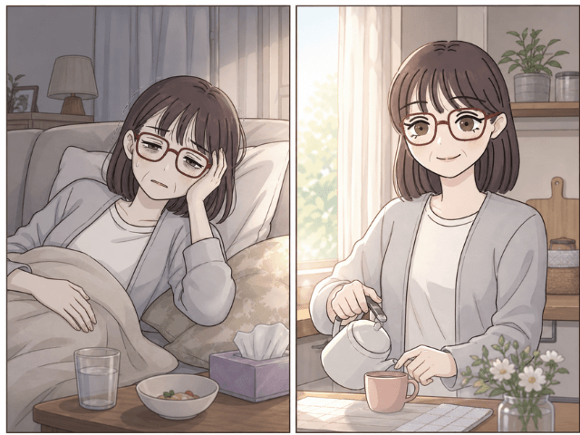 抗がん剤の副作用でつらい日と回復する日を描いた2コマ漫画