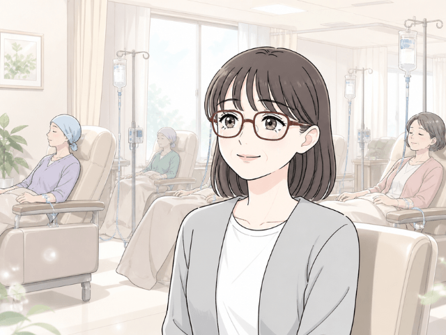 外来化学療法室で他の患者の姿を見て、一人ではないと感じる女性の漫画イラスト