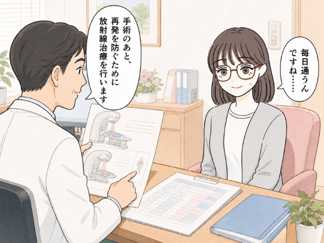 診察室で医師から乳がんの放射線治療について説明を受ける女性の漫画風イラスト