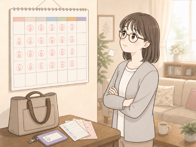 放射線治療の通院予定が並ぶカレンダーを見てため息をつく女性の漫画風イラスト