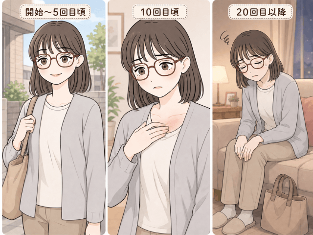 放射線治療の副作用が少しずつ蓄積していく様子を描いた3分割漫画