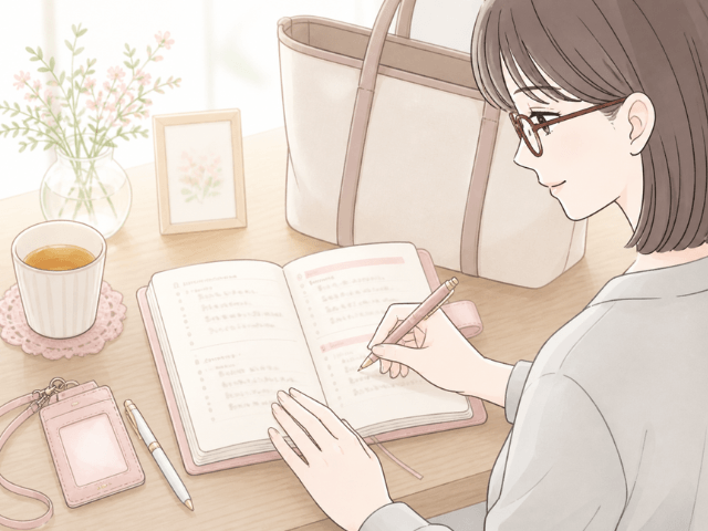放射線治療の予定と帰宅後の休む時間を手帳に書き込む女性の手元