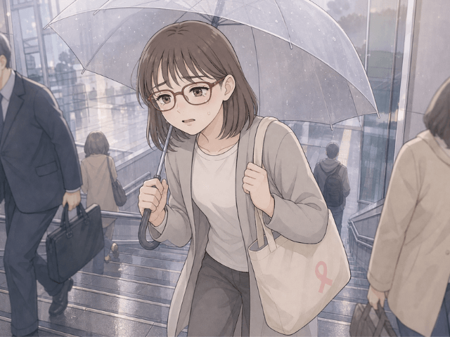 雨の日に放射線治療へ向かう途中、駅の階段で息が上がり立ち止まる女性の漫画風イラスト