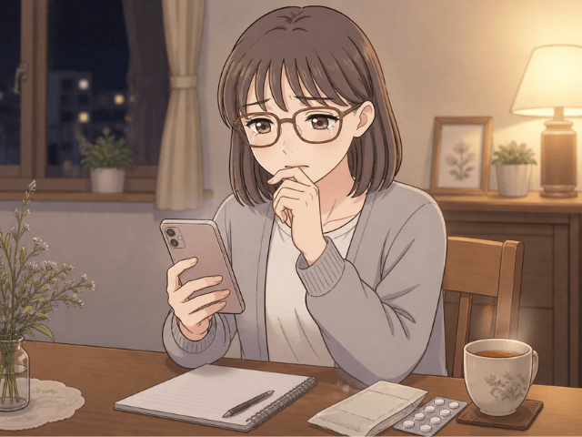 パクリタキセルの副作用についてスマホで調べ、不安そうに画面を見つめる女性の漫画イラスト