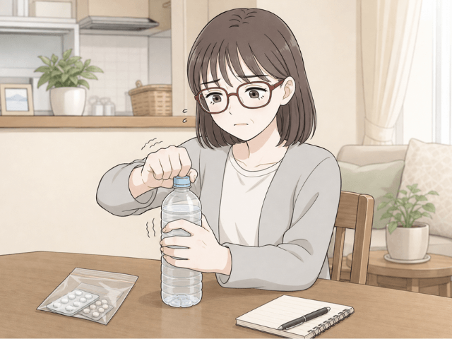 抗がん剤の副作用によるしびれで、ペットボトルの蓋を開けられず困っている女性の漫画イラスト