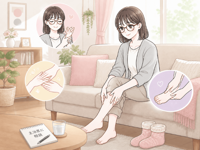 しびれ対策として、主治医に相談しながら手足をやさしくケアする女性の漫画イラスト