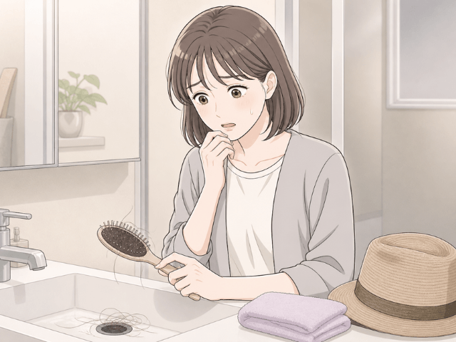 抗がん剤の副作用で髪が抜け始め、洗面所で涙をこらえる女性の漫画イラスト