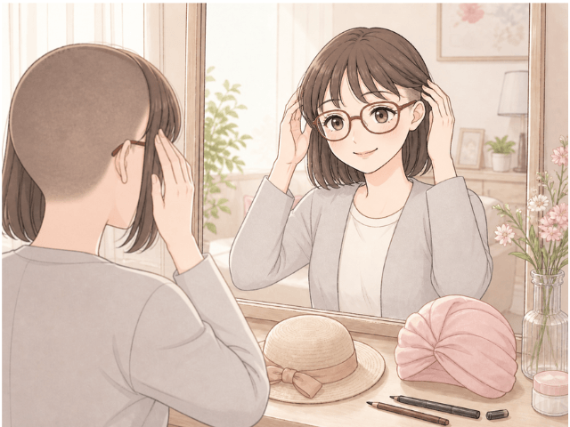 医療用ウィッグや帽子を使い、少し前向きな表情で鏡を見る女性の漫画イラスト