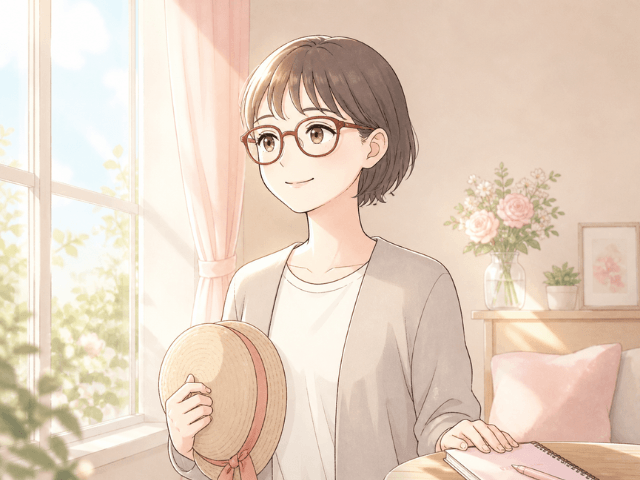 抗がん剤治療を乗り越え、朝の光の中で穏やかに前を向く女性の漫画イラスト